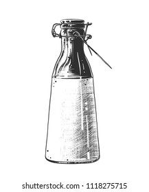 Vector engraved style illustration for posters, decoration and print. Hand drawn sketch of milk bottle in monochrome isolated on white background. Detailed vintage woodcut style drawing.