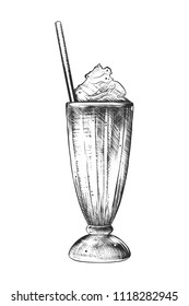 Vector engraved style illustration for posters, decoration and print. Hand drawn sketch of milkshake in monochrome isolated on white background. Detailed vintage woodcut style drawing.