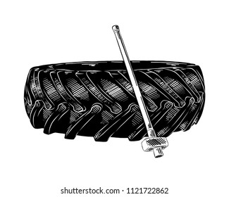 Vector engraved style illustration for posters, decoration and print. Hand drawn sketch of training tire and hummer in black isolated on white background. Detailed vintage etching style drawing.