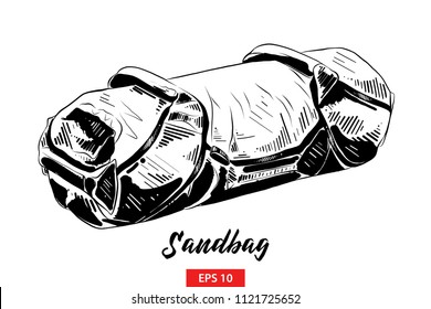 Vector engraved style illustration for posters, decoration and print. Hand drawn sketch of sandbag in black isolated on white background. Detailed vintage etching style drawing.