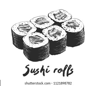 Vector engraved style illustration for posters, decoration and print. Hand drawn sketch of salmon sushi in monochrome isolated on white background. Detailed vintage woodcut style drawing.