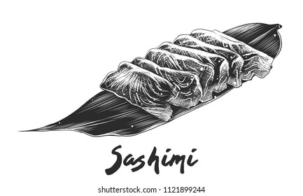 Vector engraved style illustration for posters, decoration and print. Hand drawn sketch of salmon sashimi in monochrome isolated on white background. Detailed vintage woodcut style drawing.