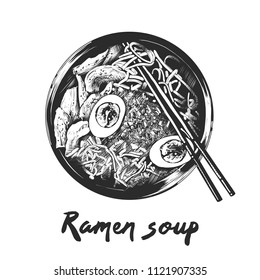 Vector engraved style illustration for posters, decoration and print. Hand drawn sketch of ramen soup in monochrome isolated on white background. Detailed vintage woodcut style drawing.