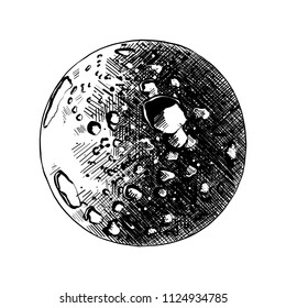 Vector engraved style illustration for posters, decoration and print. Hand drawn sketch of moon planet in black isolated on white background. Detailed vintage etching style drawing.