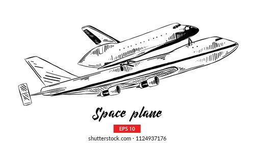 Vector engraved style illustration for posters, decoration and print. Hand drawn sketch of space plane in black isolated on white background. Detailed vintage etching style drawing.