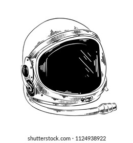 Vector engraved style illustration for posters, decoration and print. Hand drawn sketch of astronaut helmet in black isolated on white background. Detailed vintage etching style drawing.