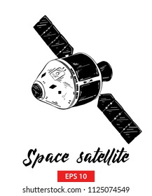 Vector engraved style illustration for posters, decoration and print. Hand drawn sketch of space satellite in black isolated on white background. Detailed vintage etching style drawing.