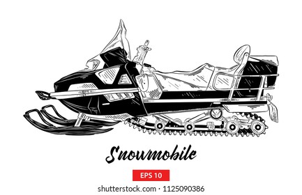 Vector engraved style illustration for posters, decoration and print. Hand drawn sketch of snowmobile in black isolated on white background. Detailed vintage etching style drawing.