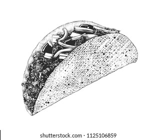 Vector engraved style illustration for posters, decoration and print. Hand drawn sketch of mexican tacos in monochrome isolated on white background. Detailed vintage woodcut style drawing.