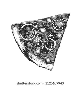 Vector engraved style illustration for posters, decoration and print. Hand drawn sketch of italian pizza in monochrome isolated on white background. Detailed vintage woodcut style drawing.