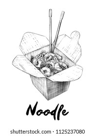 Vector engraved style illustration for posters, decoration and print. Hand drawn sketch of noodles box in monochrome isolated on white background. Detailed vintage woodcut style drawing.