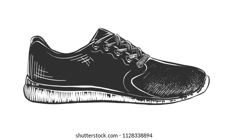 Vector engraved style illustration for posters, decoration and print. Hand drawn sketch of sneaker in monochrome isolated on white background. Detailed vintage woodcut style drawing.