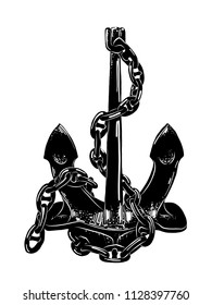 Vector engraved style illustration for posters, decoration and print. Hand drawn sketch of anchor in black isolated on white background. Detailed vintage etching style drawing.