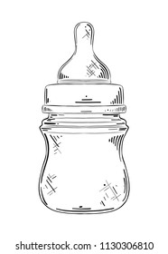 Vector engraved style illustration for posters, decoration and print. Hand drawn sketch of baby nipple bottle in black isolated on white background. Detailed vintage etching style drawing.