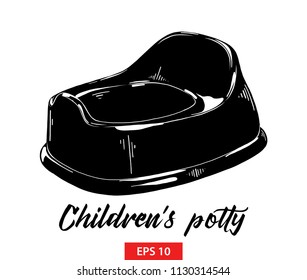 Vector engraved style illustration for posters, decoration and print. Hand drawn sketch of baby potty in black isolated on white background. Detailed vintage etching style drawing.