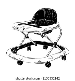 Vector engraved style illustration for posters, decoration and print. Hand drawn sketch of baby walker in black isolated on white background. Detailed vintage etching style drawing.