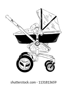 Vector engraved style illustration for posters, decoration and print. Hand drawn sketch of baby carriage in black isolated on white background. Detailed vintage etching style drawing.