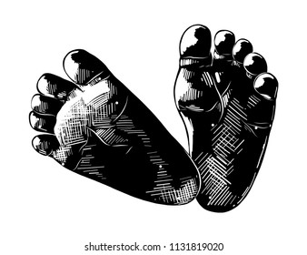 Vector engraved style illustration for posters, decoration and print. Hand drawn sketch of baby foots in black isolated on white background. Detailed vintage etching style drawing.