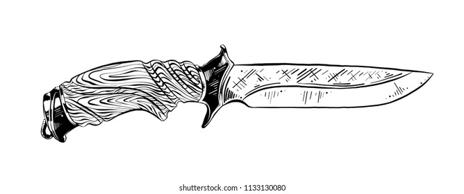 Vector engraved style illustration for posters, decoration and print. Hand drawn sketch of hunting knife in black isolated on white background. Detailed vintage etching style drawing.