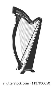 Vector engraved style illustration for posters, decoration and print. Hand drawn sketch of harp in monochrome isolated on white background. Detailed vintage woodcut style drawing.