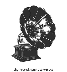 Vector engraved style illustration for posters, decoration and print. Hand drawn sketch of gramophone in monochrome isolated on white background. Detailed vintage woodcut style drawing.