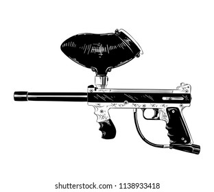 Vector engraved style illustration for posters, decoration and print. Hand drawn sketch of paintball gun in black isolated on white background. Detailed vintage etching style drawing.
