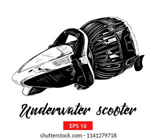 Vector engraved style illustration for posters, decoration and print. Hand drawn sketch of underwater scooter in black isolated on white background. Detailed vintage etching style drawing.
