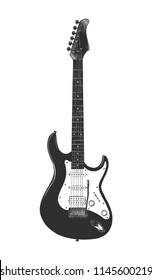 Vector engraved style illustration for posters, decoration and print. Hand drawn sketch of bass guitar in monochrome isolated on white background. Detailed vintage woodcut style drawing.