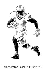 Vector engraved style illustration for posters, decoration and print. Hand drawn sketch of american football player in black isolated on white background. Detailed vintage etching style drawing.
