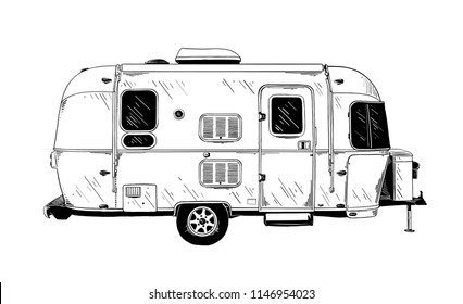 Vector engraved style illustration for posters, decoration and print. Hand drawn sketch of trailer in black isolated on white background. Detailed vintage etching style drawing.