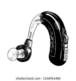 Vector engraved style illustration for posters, decoration and print. Hand drawn sketch of hearing aid in black isolated on white background. Detailed vintage etching style drawing.