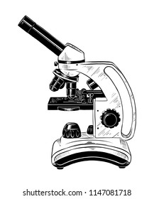 Vector engraved style illustration for posters, decoration and print. Hand drawn sketch of microscope in black isolated on white background. Detailed vintage etching style drawing.