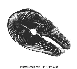 Vector engraved style illustration for posters, decoration and print. Hand drawn sketch of salmon steak in monochrome isolated on white background. Detailed vintage woodcut style drawing.