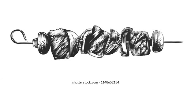 Vector engraved style illustration for posters, decoration and print. Hand drawn sketch of shashlik on the skewer in monochrome isolated on white background. Detailed vintage woodcut style drawing.