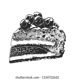 Vector engraved style illustration for posters, decoration and print. Hand drawn sketch of cake slice in monochrome isolated on white background. Detailed vintage woodcut style drawing.