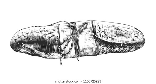 Vector engraved style illustration for posters, decoration and print. Hand drawn sketch of french baguette in monochrome isolated on white background. Detailed vintage woodcut style drawing.