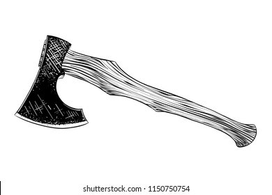 Vector engraved style illustration for posters, decoration and print. Hand drawn sketch of axe in black isolated on white background. Detailed vintage etching style drawing.