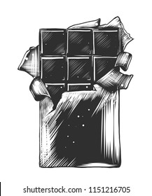 Vector engraved style illustration for posters, decoration and print. Hand drawn sketch of chocolate bar in monochrome isolated on white background. Detailed vintage woodcut style drawing.