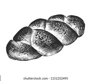 Vector engraved style illustration for posters, decoration and print. Hand drawn sketch of braided bread loaf in monochrome isolated on white background. Detailed vintage woodcut style drawing.
