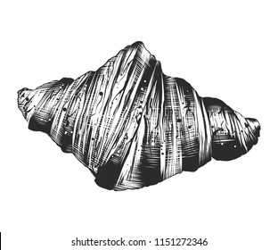 Vector engraved style illustration for posters, decoration and print. Hand drawn sketch of croissant in monochrome isolated on white background. Detailed vintage woodcut style drawing.