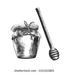 Vector engraved style illustration for posters, decoration and print. Hand drawn sketch of honey in jar and wooden dipper in monochrome isolated on white background. Detailed vintage woodcut style.
