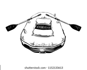 Vector engraved style illustration for posters, decoration and print. Hand drawn sketch of rubber boat in black isolated on white background. Detailed vintage etching style drawing.