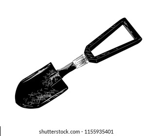 Vector engraved style illustration for posters, decoration and print. Hand drawn sketch of camp shovel in black isolated on white background. Detailed vintage etching style drawing.