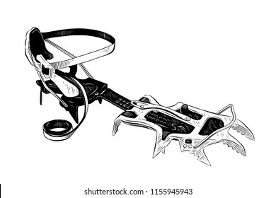 Vector engraved style illustration for posters, decoration and print. Hand drawn sketch of ice crampons in black isolated on white background. Detailed vintage etching style drawing.