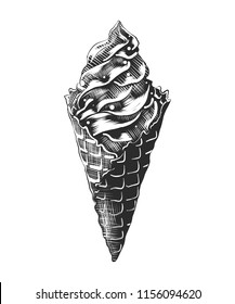 Vector engraved style illustration for posters, decoration and print. Hand drawn sketch of ice cream cone with a splash, monochrome isolated on white background. Detailed vintage woodcut style