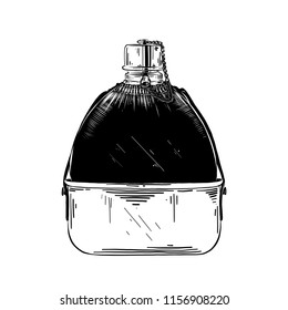 Vector engraved style illustration for posters, decoration and print. Hand drawn sketch of water hip flask in black isolated on white background. Detailed vintage etching style drawing.