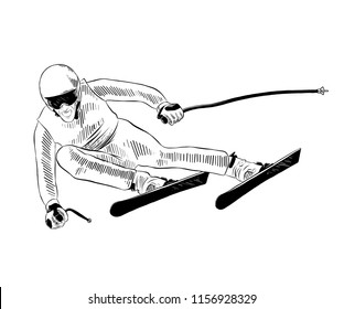 Vector engraved style illustration for posters, decoration and print. Hand drawn sketch of skier in black isolated on white background. Detailed vintage etching style drawing.