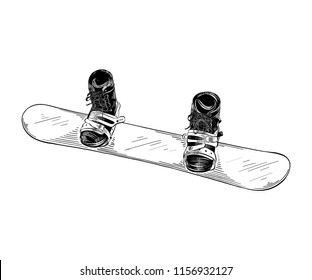 Vector engraved style illustration for posters, decoration and print. Hand drawn sketch of snowboard in black isolated on white background. Detailed vintage etching style drawing.