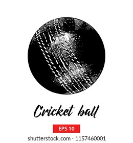 Vector engraved style illustration for posters, decoration and print. Hand drawn sketch of cricket ball in black isolated on white background. Detailed vintage etching style drawing.