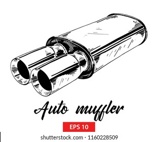 Vector engraved style illustration for posters, decoration and print. Hand drawn sketch of auto muffler in black isolated on white background. Detailed vintage etching style drawing.